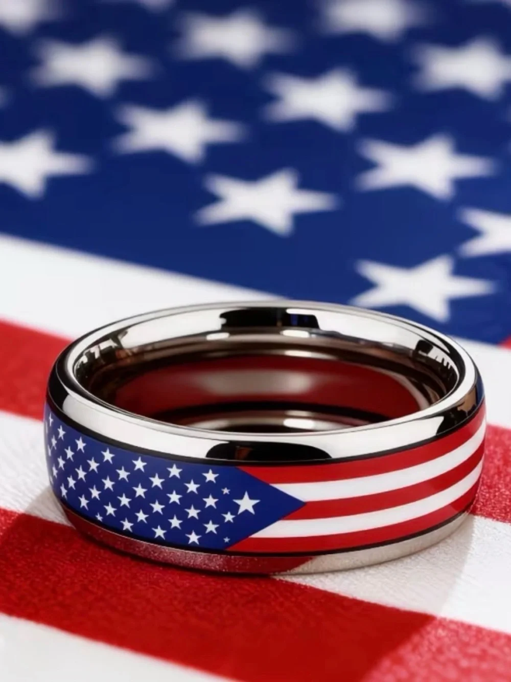 American Flag Tungsten Stainless Steel Patriotic Ring USA Red, White, Blue
